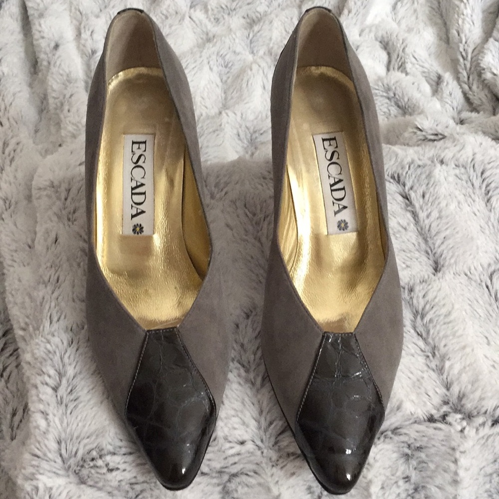 Gray and black Escada pumps